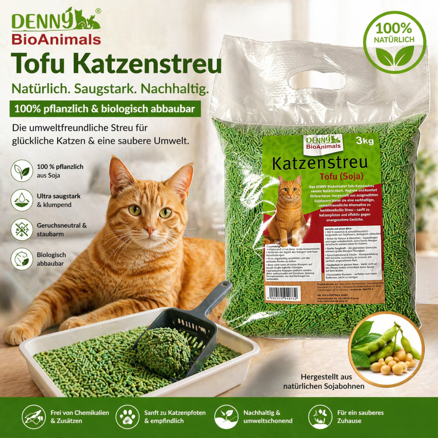 Denny BioAnimals®  Tofu Katzenstreu 3 kg/8L – 100 % natürlich & biologisch abbaubar – ultra saugstark, klumpend, staubfrei & geruchsneutral – nachhaltiges Katzenstreu aus Pflanzenfasern.