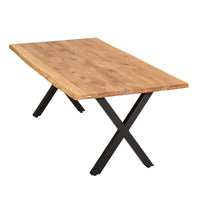 Massivholztisch Eiche – Esszimmertisch mit 4 cm Tischplatte, in 140-240 cm Länge, mit Baumkante und gerade Kante & X-Geste...