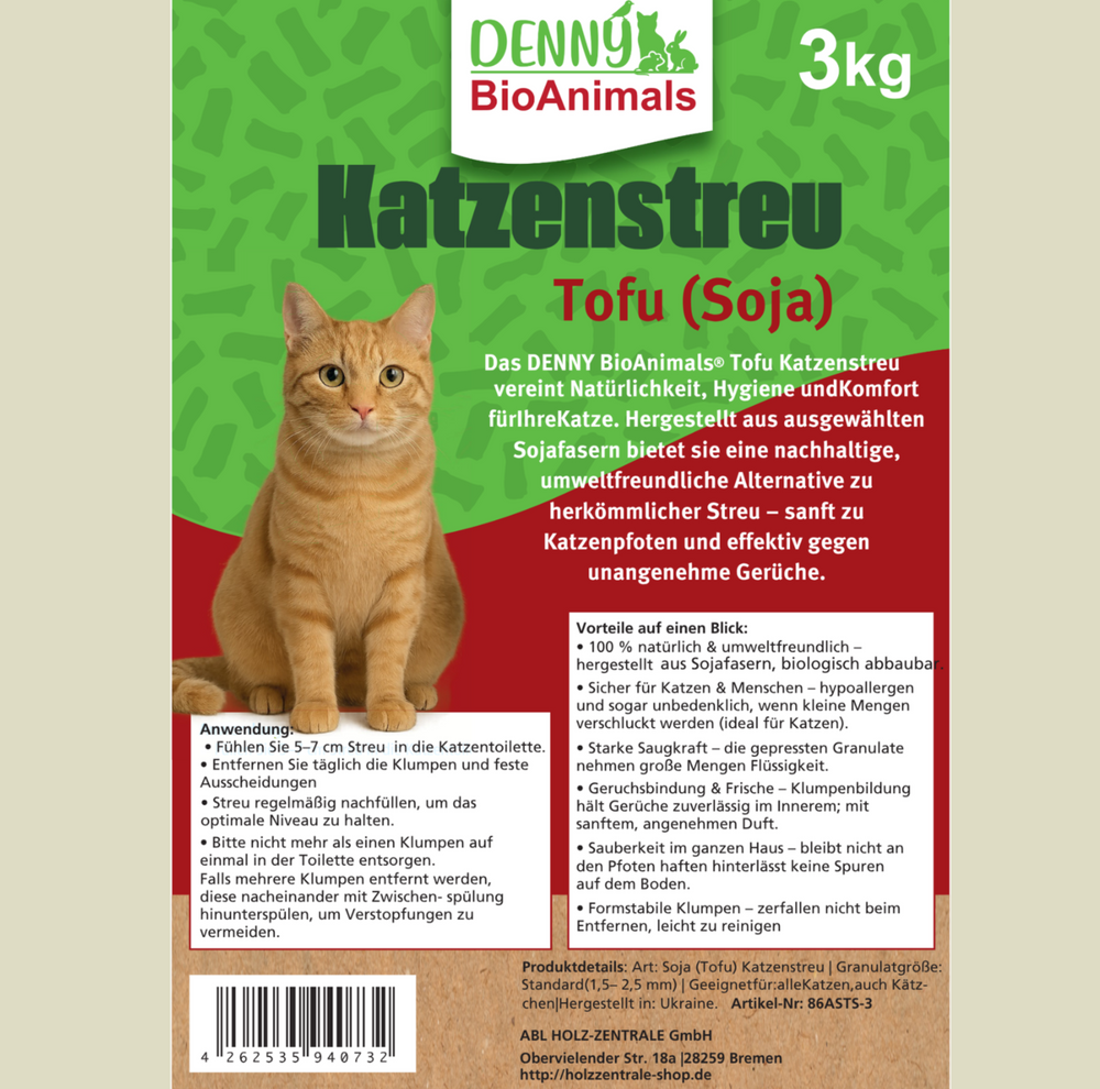 Denny BioAnimals®Tofu (Soja) Katzenstreu 15 kg (5 Säcke je 3 kg), 40 L – natürlich & biologisch abbaubar – saugstark, klumpend, staubfrei & geruchsneutral – nachhaltige Katzenstreu aus Pflanzenfasern.