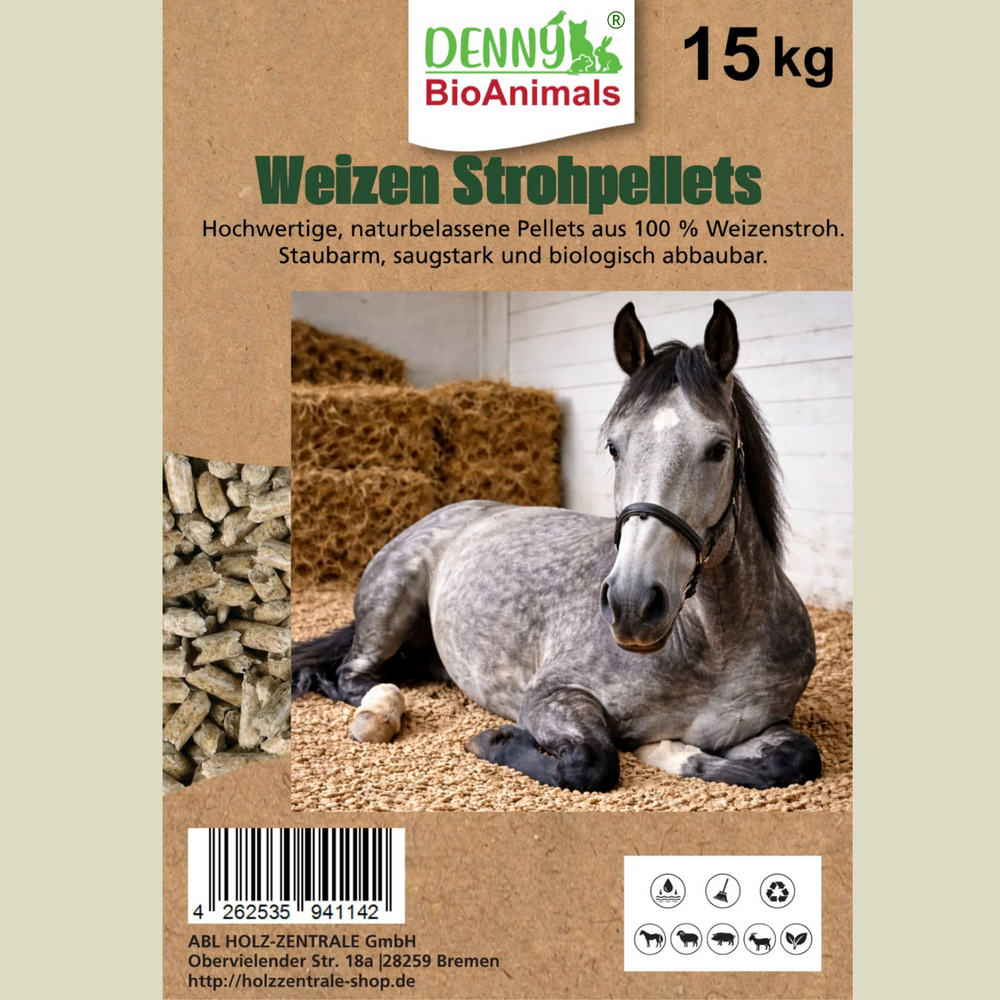 Weizenstreupellets 8 mm im 15 kg Sack – 100 % Naturprodukt aus Weizenstroh – staubarm, saugstark & kompostierbar – Einstreu für Pferde, Kleintiere & Stall