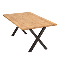 Massivholztisch Eiche – Esszimmertisch mit 4 cm Tischplatte, in 140-240 cm Länge, mit Baumkante und gerade Kante & X-Geste...