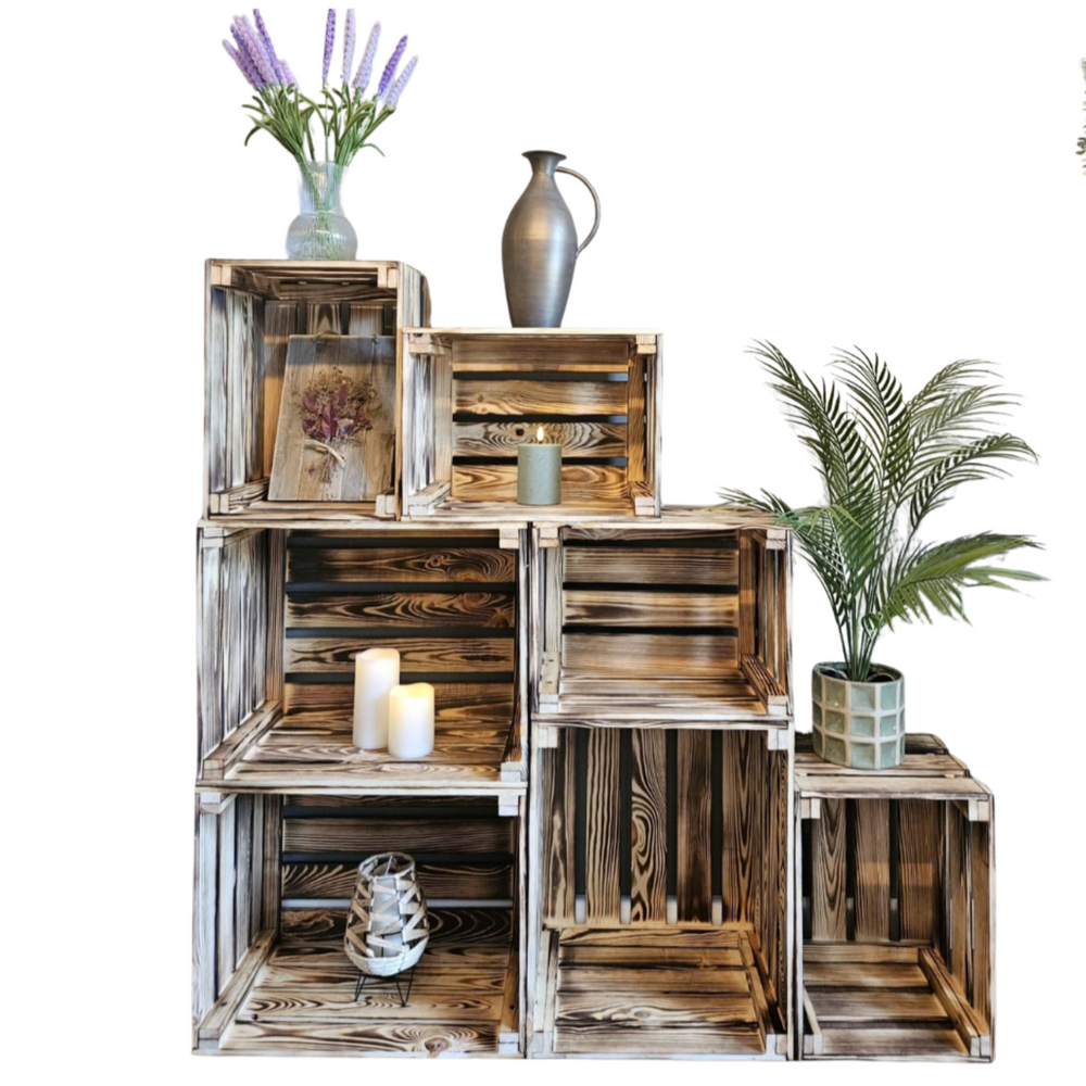 7-er Set Vintage Holzkisten Geflammt – 50x40x30 cm & 40x30x25 cm – Weinkisten & Obstkisten im Used-Look – Dekokisten & Regale – Holzboxen als Möbel & Aufbewahrung – Rustikale Deko