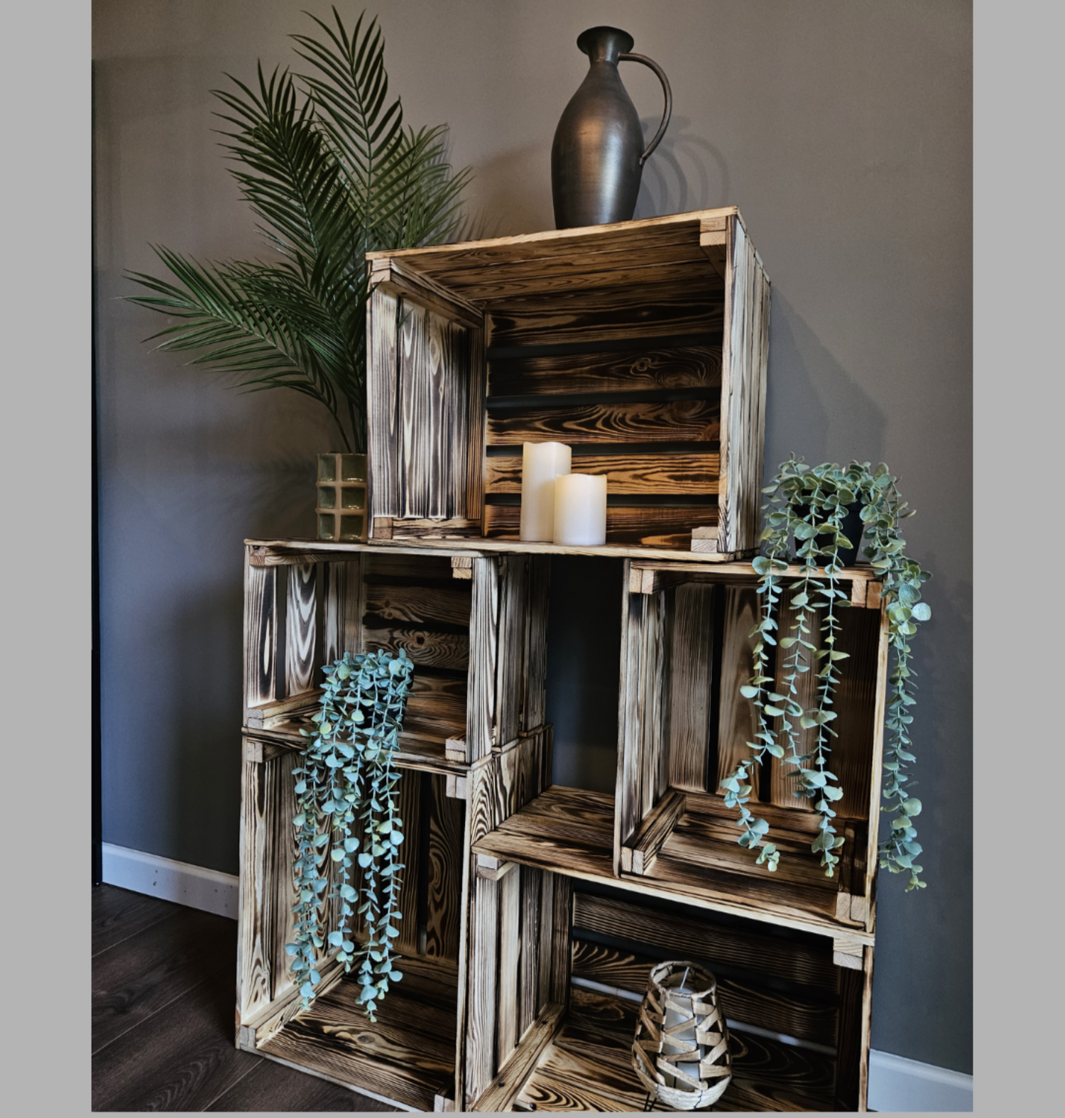 5- er Set  Vintage Holzkisten Geflammt – 50x40x30 cm & 40x30x25 cm – Weinkisten & Obstkisten im Used-Look – Dekokisten & Regale – Holzboxen als Möbel & Aufbewahrung – Rustikale Deko