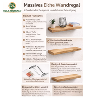 Wandregal Eiche massiv 4 cm Stärke mit Baumkante und gerade Kante – 22cm Tief – in 40-120 cm Länge  – schwebendes Regal mit unsichtbarer Befestigung – Massivholz Regalbrett, Bücherregal – Kratzfest & natürlich geölt