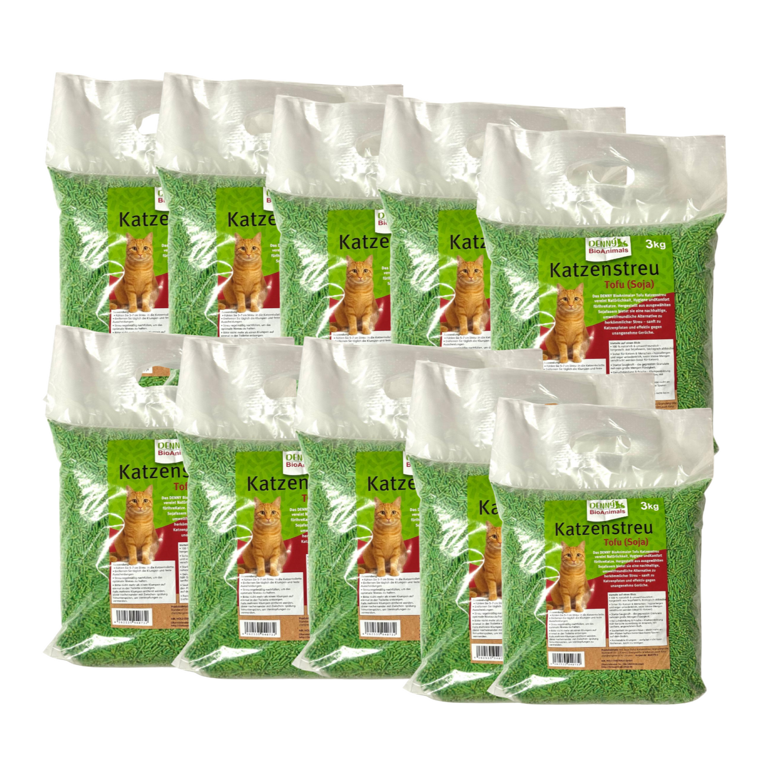 Denny BioAnimals®Tofu (Soja) Katzenstreu 30 kg (10 Säcke je 3 kg), 80 L – natürlich & biologisch abbaubar – saugstark, klumpend, staubfrei & geruchsneutral – nachhaltige Katzenstreu aus Pflanzenfasern.