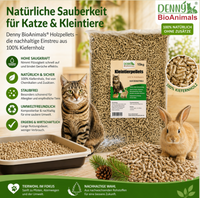 Denny BioAnimals® Kleintierstreu, Katzenstreu Holzpellets 15 kg (23 L) – 100% natürliche Einstreu für Katzen, Kaninchen, Hamster & Meerschweinchen – Staubfrei, Saugstark, Geruchsbindend, Öko Kiefernholz