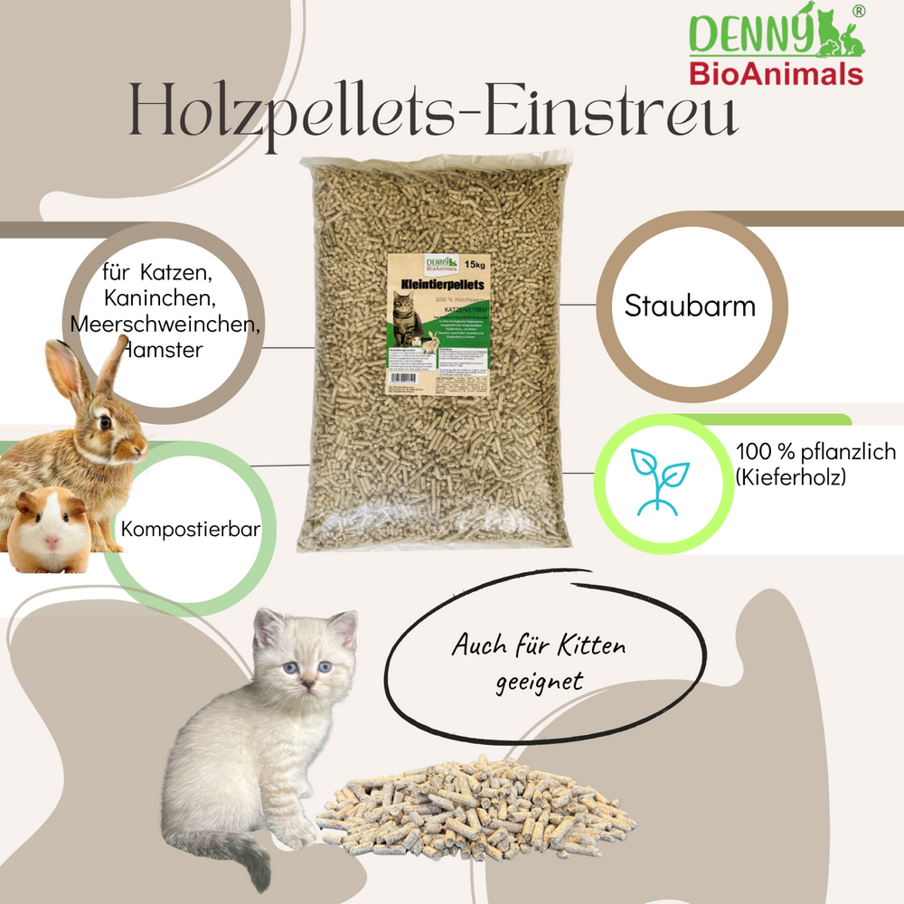 Denny BioAnimals® Kleintierstreu, Katzenstreu Holzpellets 30 kg (46 L) – 100% natürliche Einstreu für Katzen, Kaninchen, Hamster & Meerschweinchen – Staubfrei, Saugstark, Geruchsbindend, Öko Kiefernholz