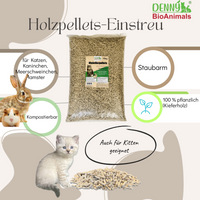 Denny BioAnimals® Kleintierstreu, Katzenstreu Holzpellets 30 kg (46 L) – 100% natürliche Einstreu für Katzen, Kaninchen, Hamster & Meerschweinchen – Staubfrei, Saugstark, Geruchsbindend, Öko Kiefernholz