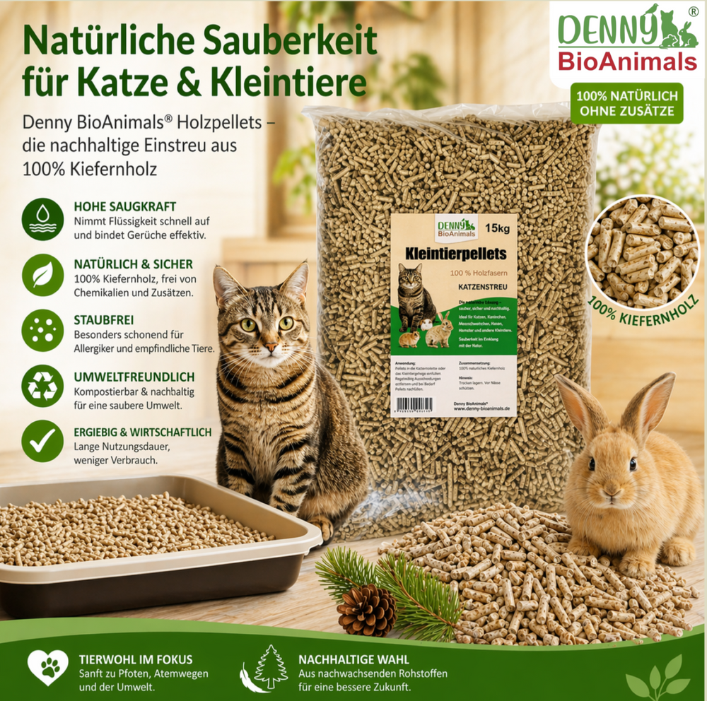 Denny BioAnimals® Kleintierstreu, Katzenstreu Holzpellets 30 kg (46 L) – 100% natürliche Einstreu für Katzen, Kaninchen, Hamster & Meerschweinchen – Staubfrei, Saugstark, Geruchsbindend, Öko Kiefernholz