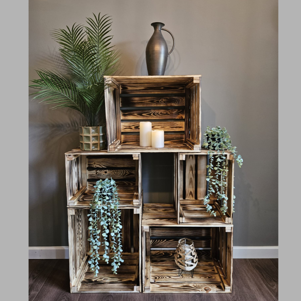 5- er Set  Vintage Holzkisten Geflammt – 50x40x30 cm & 40x30x25 cm – Weinkisten & Obstkisten im Used-Look – Dekokisten & Regale – Holzboxen als Möbel & Aufbewahrung – Rustikale Deko