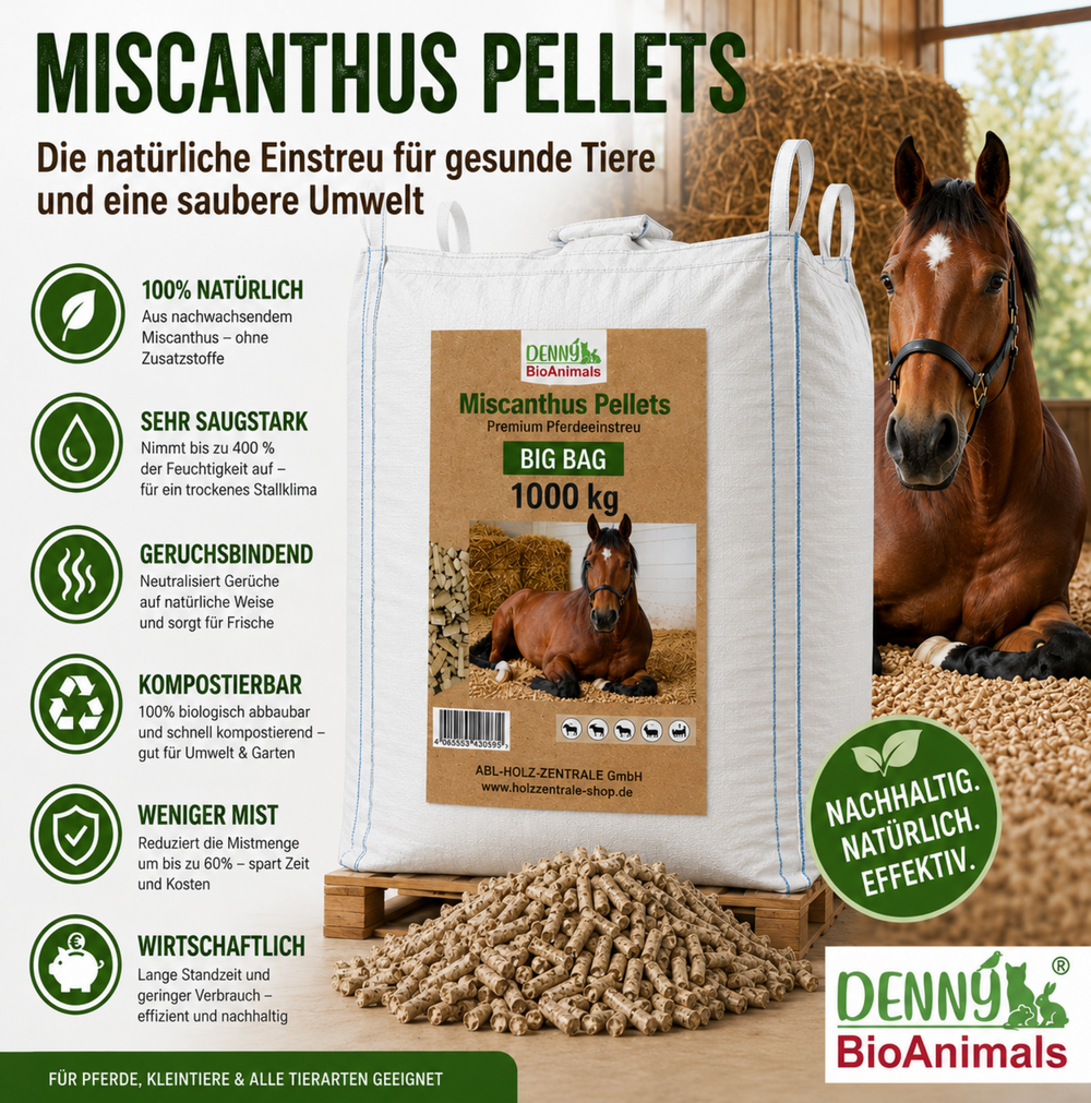 Miscanthus Pellets Einstreu 1000 kg Big Bag – 100 % Naturprodukt aus Elefantengras – Staubarm, Saugstark & Geruchsbindend – Pferdeeinstreu, Tiereinstreu, Stallpellets, Kompostierbar