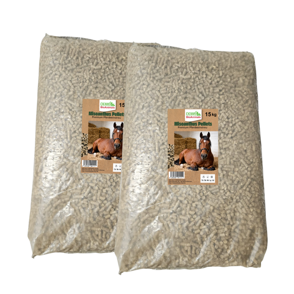 Miscanthus Pellets Einstreu 8 mm 1 Palette 945 kg, 63 Säcke je 15 kg - | 100% Naturprodukt | Staubarme Pferde- & Tierstreu | Hohe Saugkraft & Geruchsbindung | Umweltfreundliche Alternative zu Sägespänen