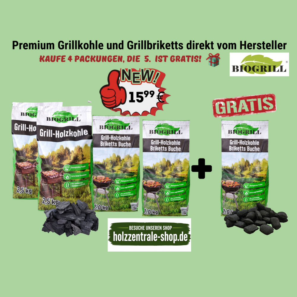 Set Grillkohle 11 kg – 5 kg Holzgrillkohle + 4 kg Buchenholzkohlebriketts +2 kg Buchenholzkohlebriketts Gratis,   Premium Naturkohle für Grill & BBQ – Lange Glut, schnelles Anzünden, hohe Hitze – Ideal für Holzkohlegrill & Smoker