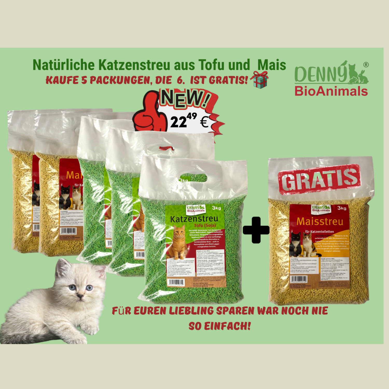Denny BioAnimals® SET Katzenstreu 18 kg  (9 kg Tofu  + 6 kg Mais + 1 Tüte 3 kg Mais kostenlos)  – natürlich & biologisch abbaubar – saugstark, klumpend, staubfrei & geruchsneutral – nachhaltige Katzenstreu aus Pflanzenfasern.