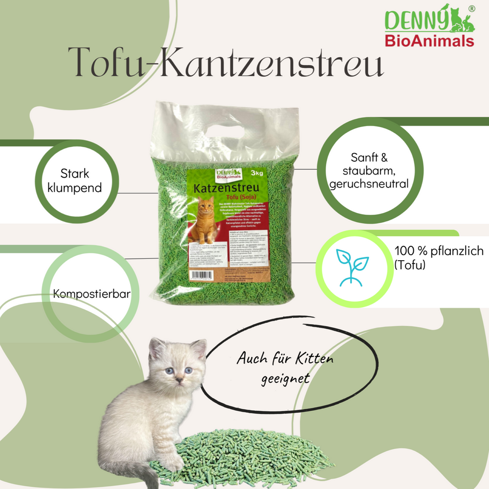 Denny BioAnimals® SET Katzenstreu 18 kg  (9 kg Tofu  + 6 kg Mais + 1 Tüte 3 kg Mais kostenlos)  – natürlich & biologisch abbaubar – saugstark, klumpend, staubfrei & geruchsneutral – nachhaltige Katzenstreu aus Pflanzenfasern.