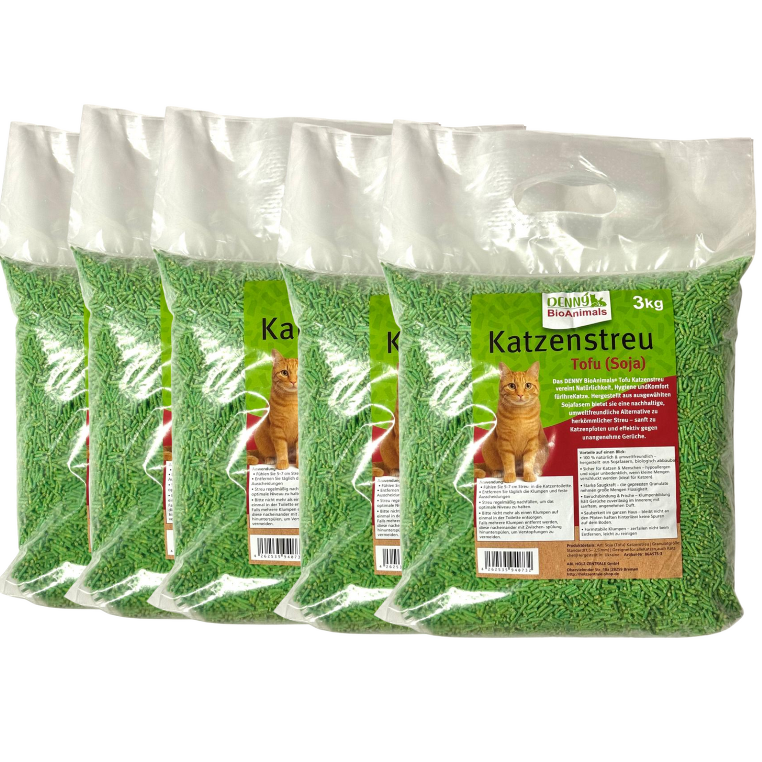 Denny BioAnimals®Tofu (Soja) Katzenstreu 15 kg (5 Säcke je 3 kg), 40 L – natürlich & biologisch abbaubar – saugstark, klum...