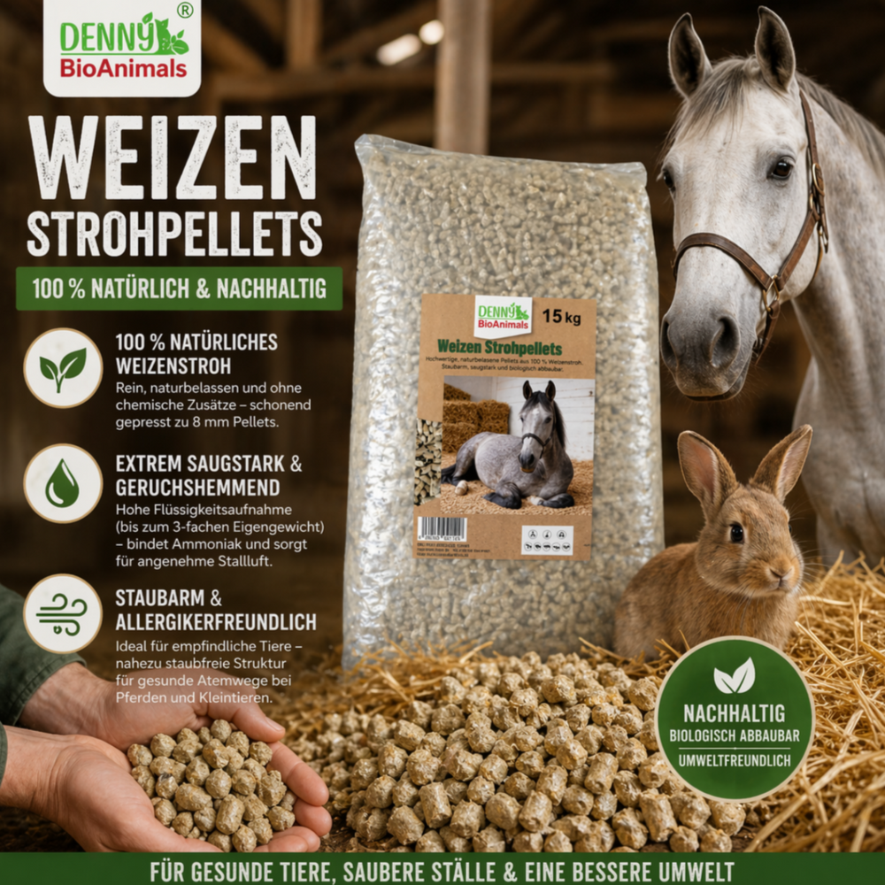 Weizenstreupellets 8 mm. 1 Palette 945 kg, 63 Säcke je 15 kg– 100 % Naturprodukt aus Weizenstroh – staubarm, saugstark & kompostierbar – Einstreu für Pferde, Kleintiere & Stall