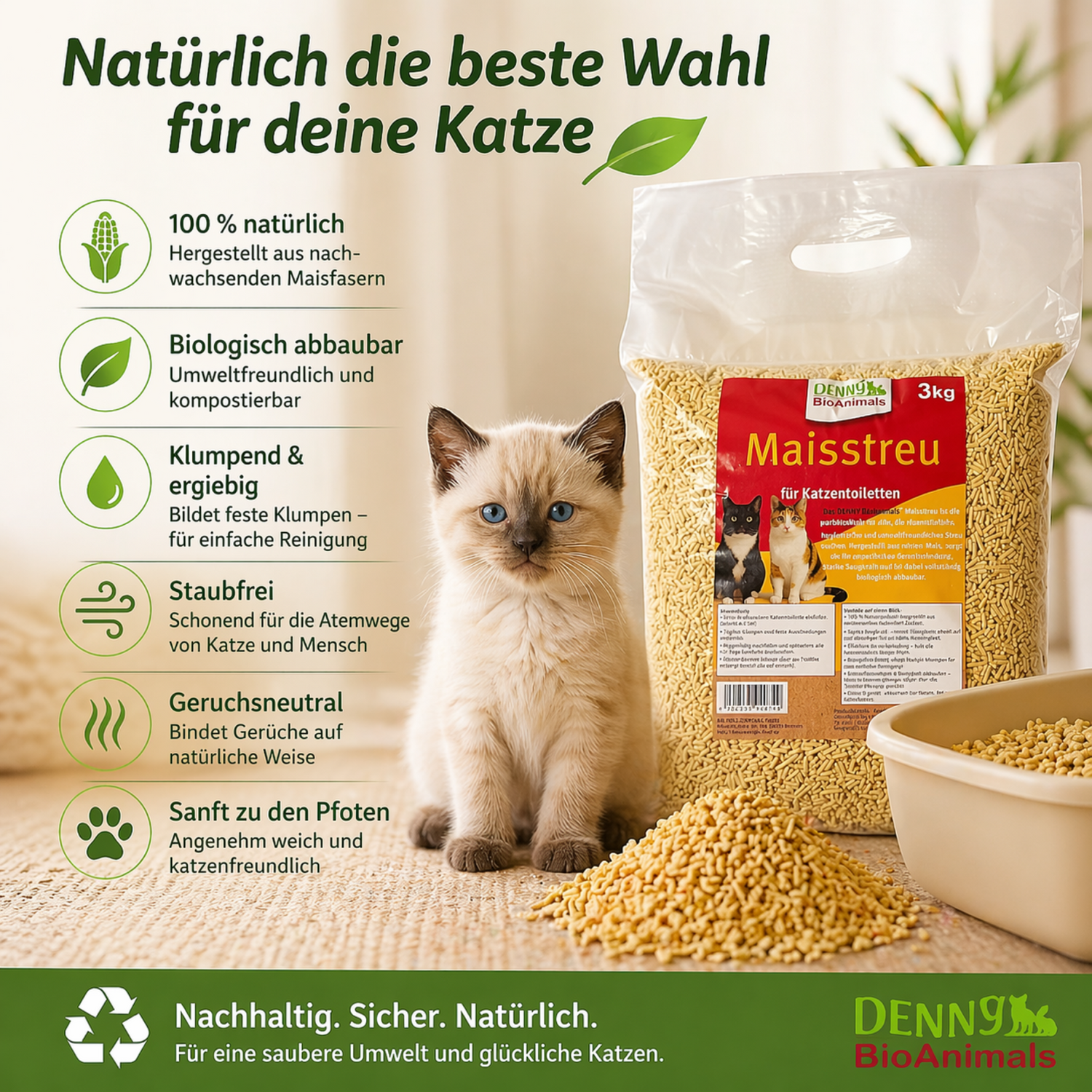 Denny BioAnimals® Maisstreu Katzenstreu 9 kg (3x3 kg) – 100 % natürlich & biologisch abbaubar – klumpend, staubfrei & geruchsneutral – nachhaltige Katzenstreu aus Maisfasern.